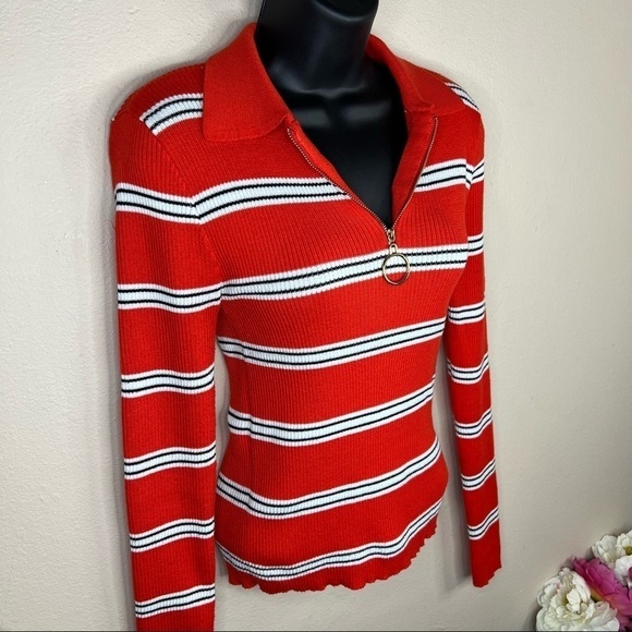 L Juniors Red Striped Long Sleeve Sweater Large 11 13 Stretch Y2k 90’s style - Picture 3 of 8